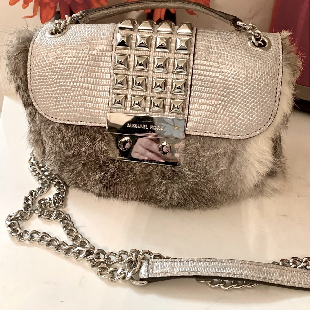 Michael Kors Gray cocktail fur silver chain purse.